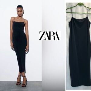 Zara dark Slate blue stretchy elastic bodycon midi tube dress spaghetti strap L